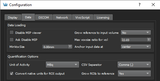 Image of VivoQuant UI: Configuration Data tab