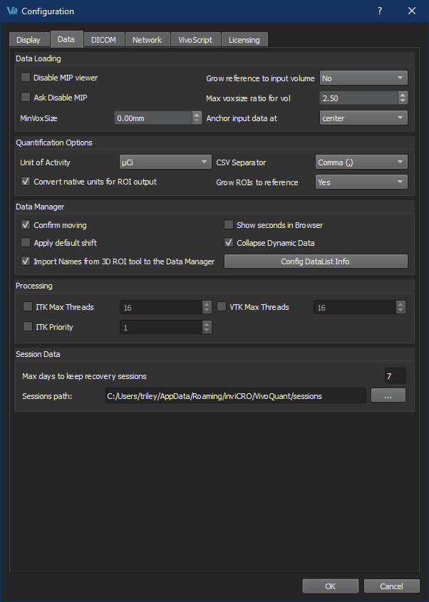 Image of VivoQuant UI: Configuration window, Data tab