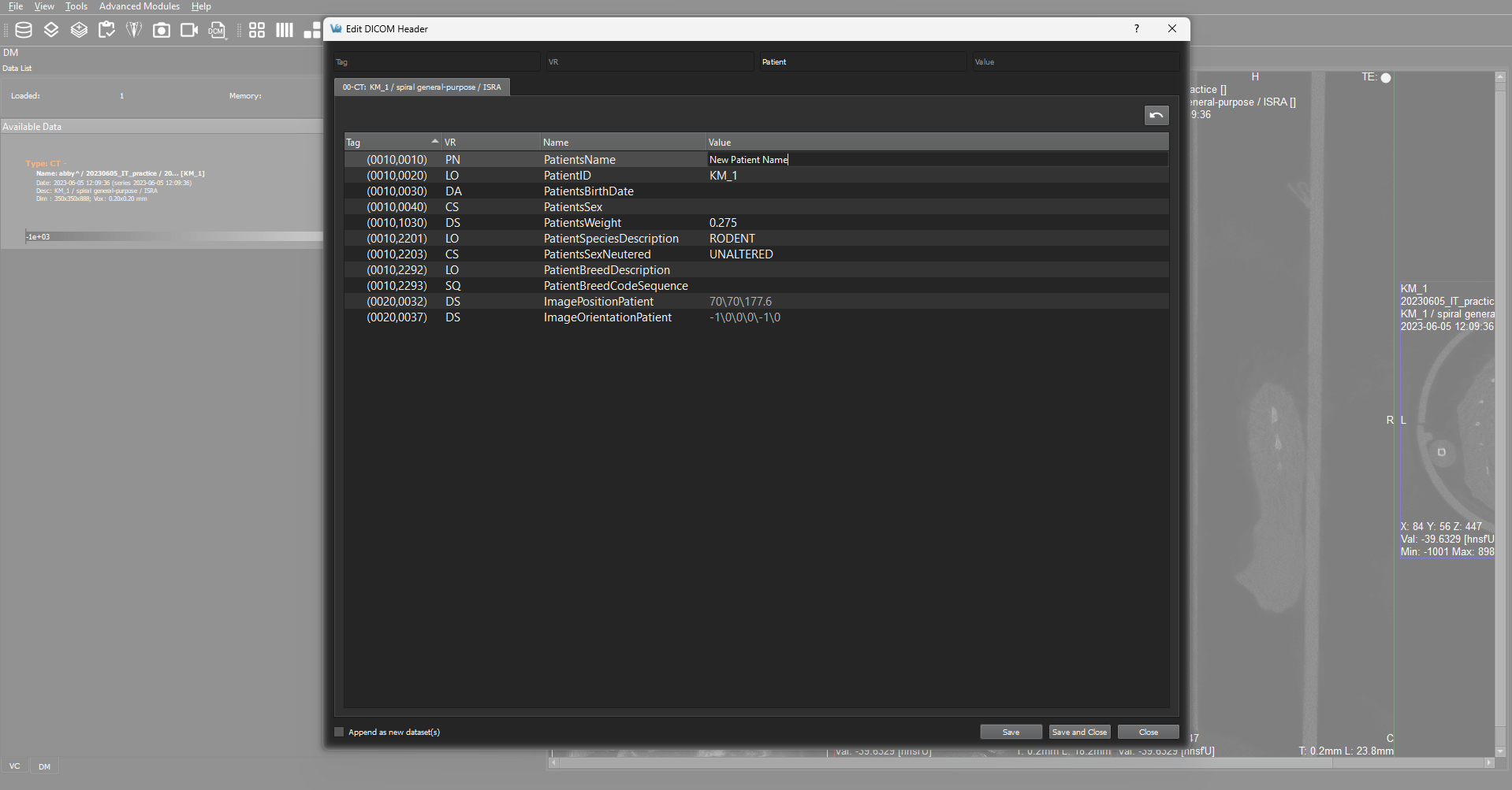 Image of VivoQuant UI: Example DICOM Edit in dedicated DICOM editor